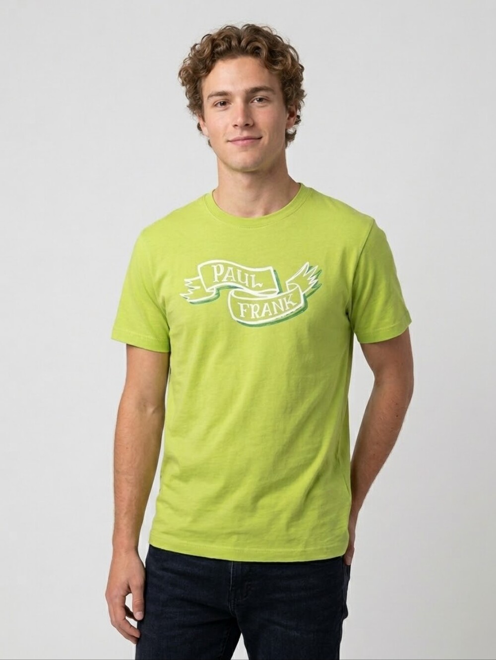 Paul Frank Lime Green Graphic T-Shirt Ribbon Logo Banner Tee Jr. Men’s Large
